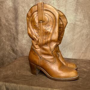 Dexter Vintage 70s Leather Heel Cowboy Boots Brown Embroidered Calf High Western